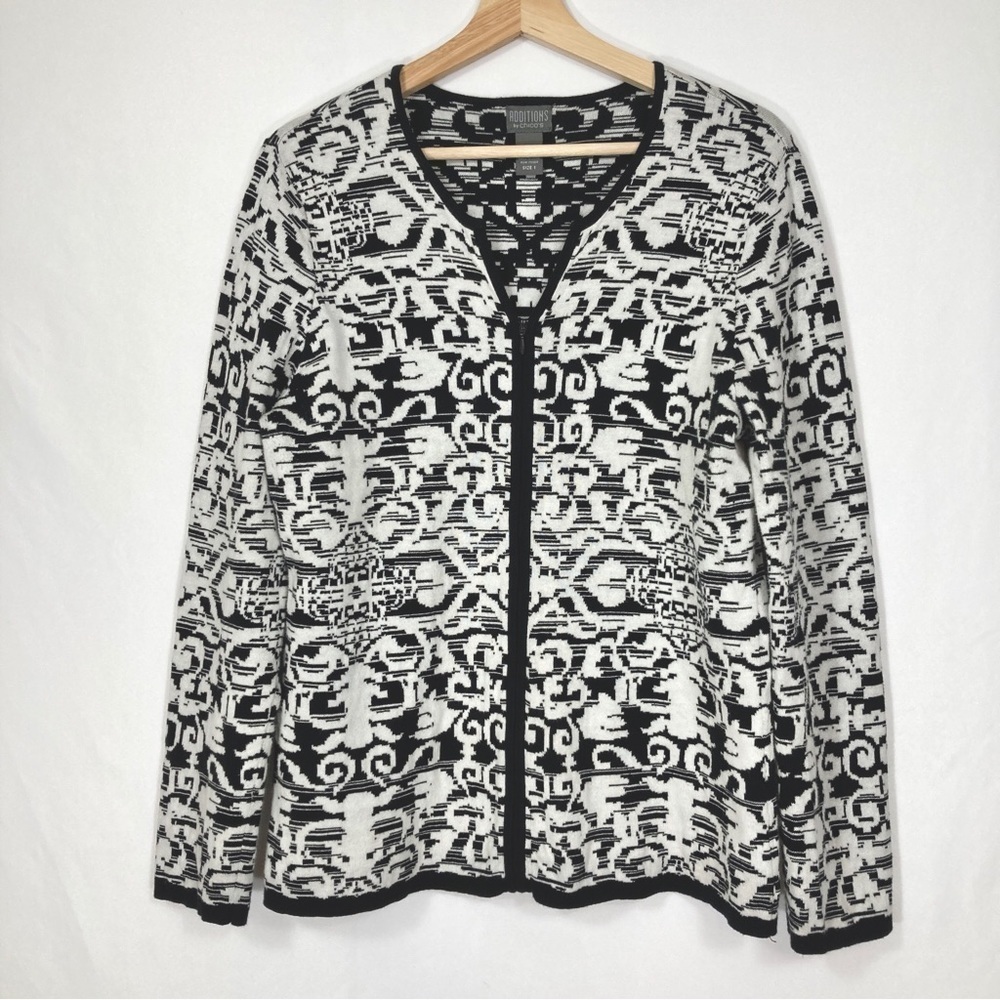 Chico's Full Zip Cardigan Soft Boho Grandma Core Academia Abstract Cotton M